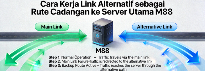 Animasi diagram yang menjelaskan cara kerja link alternatif sebagai rute cadangan menuju server utama M88