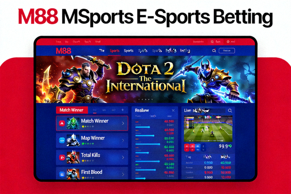 Halaman taruhan e-sports M88 MSports menampilkan turnamen Dota 2 The International dengan berbagai pasar taruhan