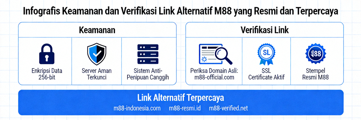 Infografis keamanan dan verifikasi link alternatif M88 yang resmi dan terpercaya